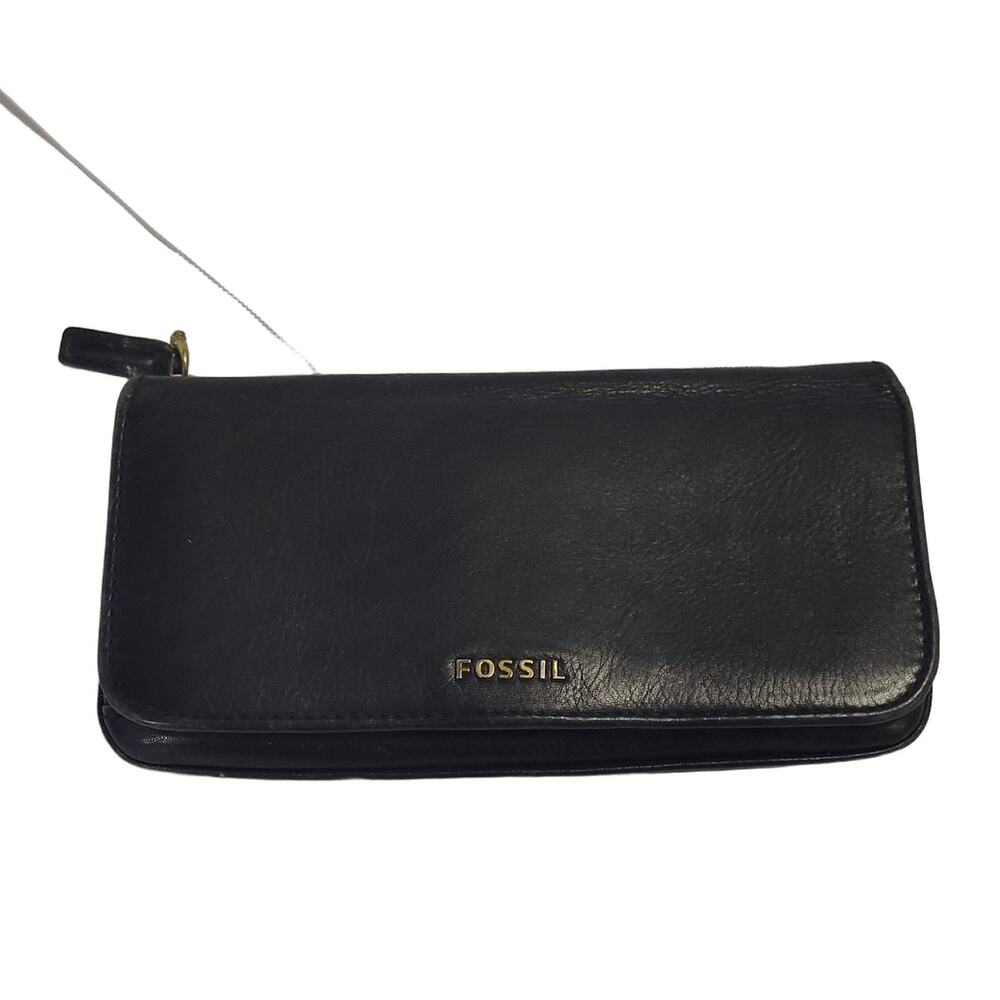 Fossil Women's Black Leather Zip-Around Wallet Credit Card Holder 7" x 3.5" VTG